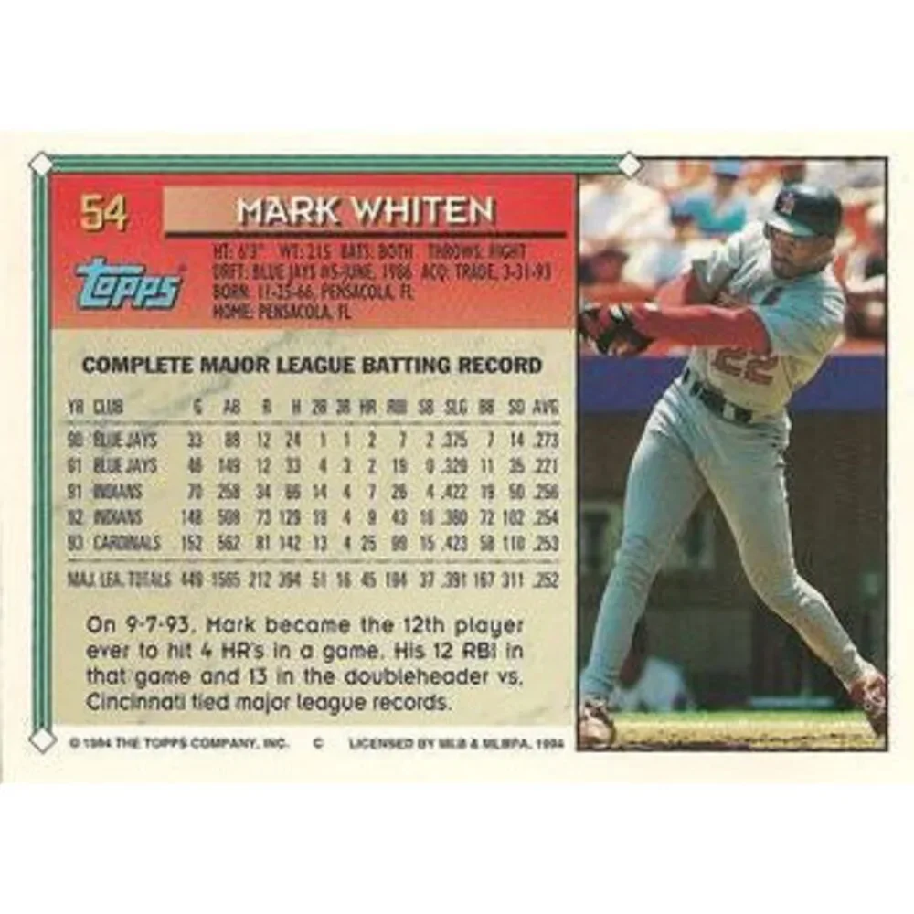 1994 Topps Mark Whiten # 54 St. Louis Cardinals